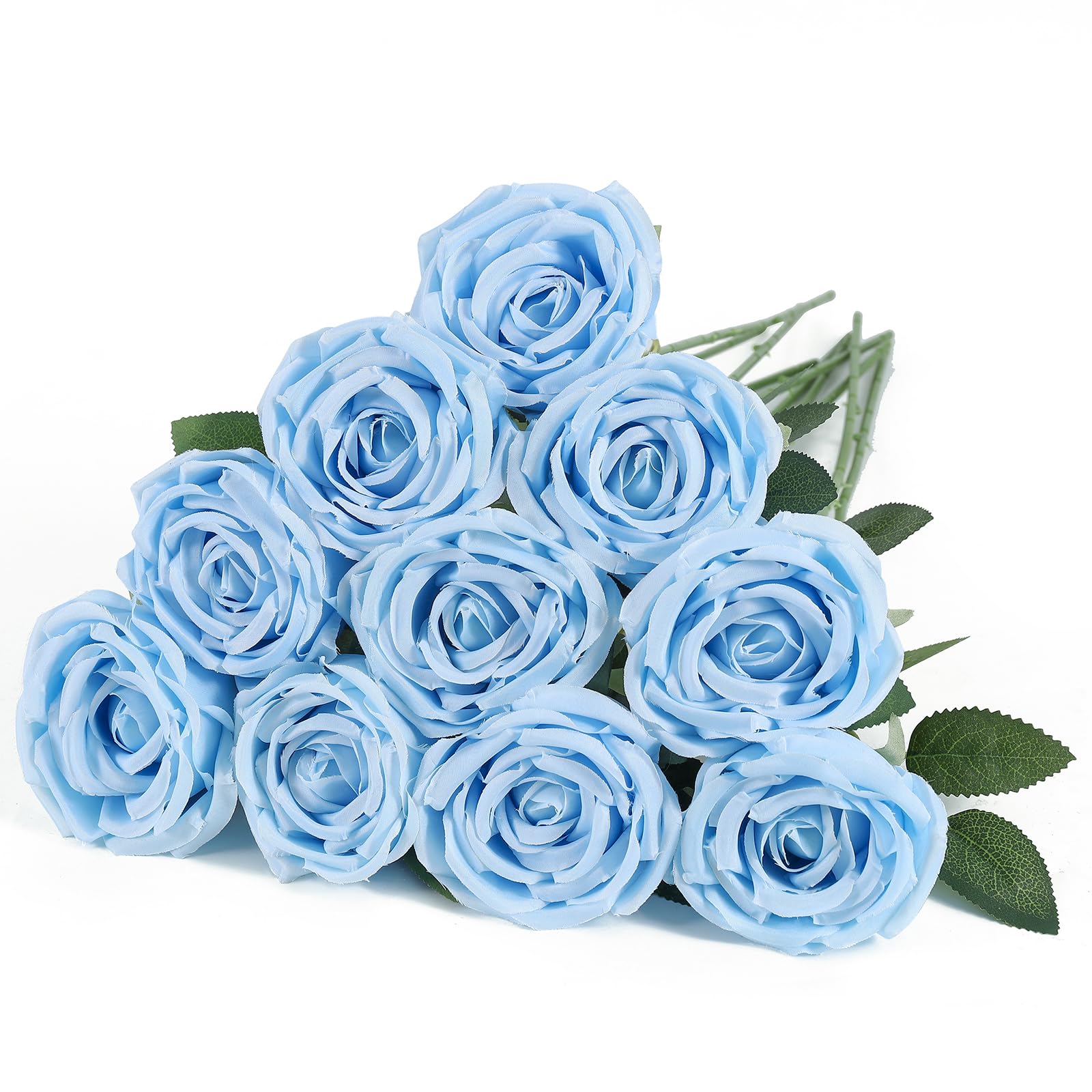 LEUCHTAMOR 10pcs Artificial Roses Sky Blue Realistic Fake Roses with 50cm Stems Faux Silk Rose Flowers for Wedding Bouquets Bridal Shower Centerpieces Floral Arrangements, Party Home Decor