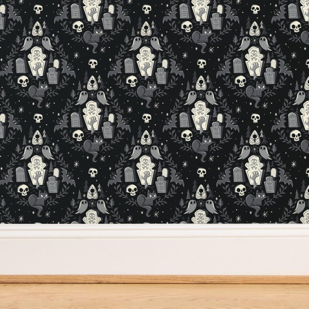 Spoonflower Commercial Grade Wallpaper 27ft x 2ft - Cute Ghosts Spooky Halloween Black Cat Fall Ghost Zombie October Traditional Wallpaper