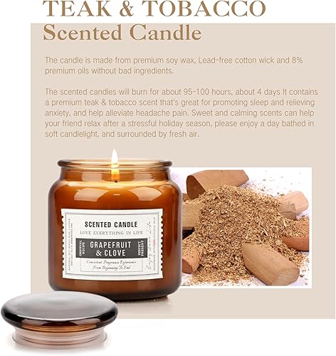 Miniatura 6 de Paquete de 2 velas perfumadas, regalos para hombres y mujeres, velas de aromaterapia con cera de soja natural, tabaco de teca y pomelo, juego de