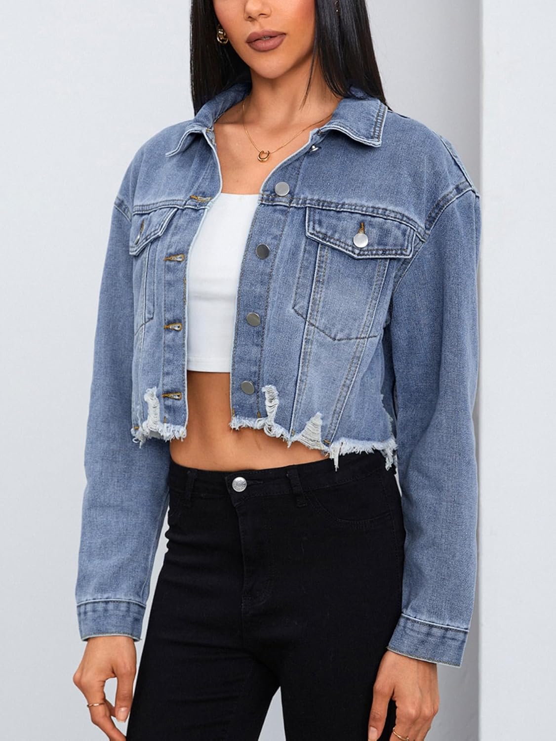 MakeMeChic Women's Crop Denim Jacket Casual Long Sleeve Ripped Frayed Hem Jean Jackets - Image 4