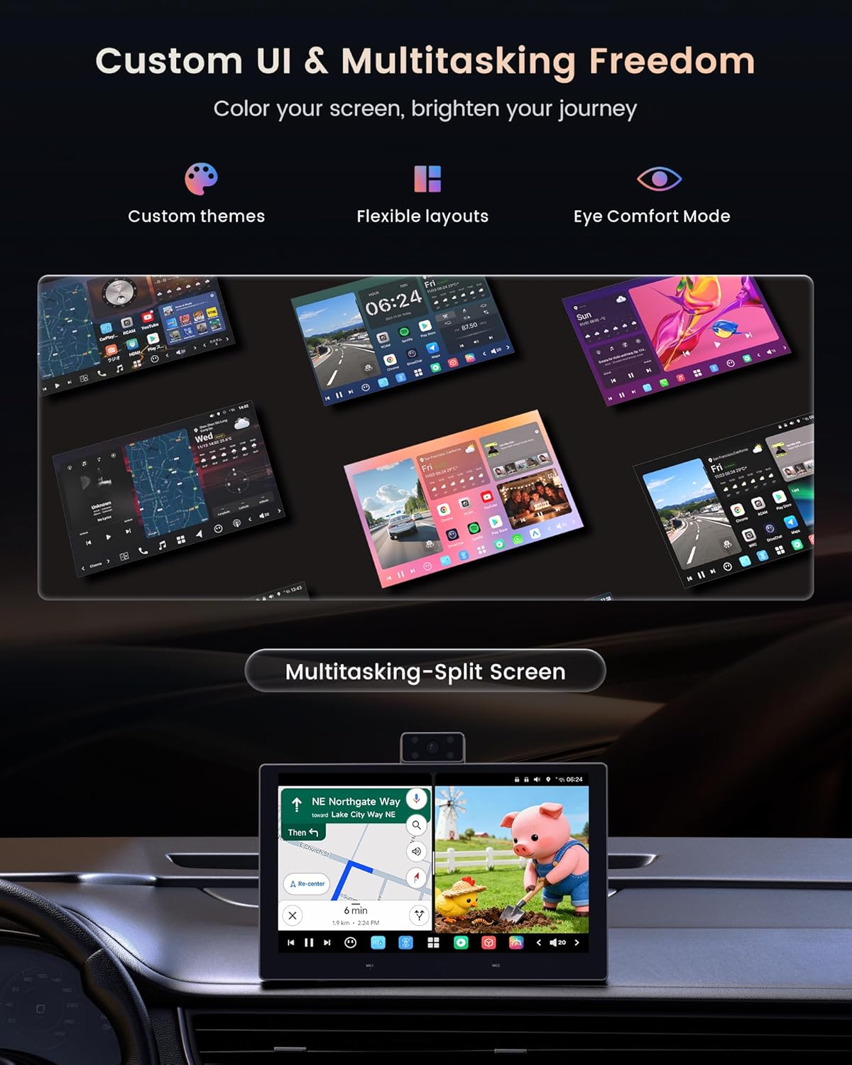 P10 CarPlay Screen for Car - 9" QLED Android Car Stereo w/AI & Parking Monitor, Built-in Front & Cabin DVR Cam, Wireless CarPlay & Android Auto, 8GB+128GB, 4G/Wi-Fi/BT/USB, P1009M2M