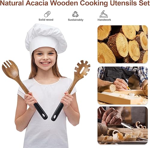 Miniatura 9 de Cucharas de Madera para Cocinar, 6 PCS Utensilios de Cocina de Madera de Acacia Natural, Cucharas de Cocina de Madera de Agarre Suave con Orificio