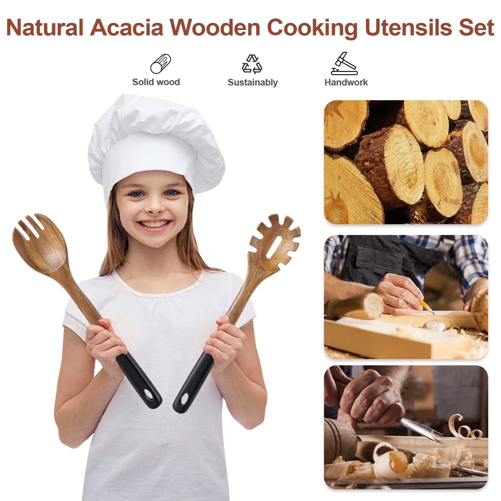 Cucharas de madera para cocinar, 6 utensilios de cocina de madera de acacia natural, cucharas de cocina de madera de agarre suave con agujero para colgar, juego de utensilios de cocina de madera