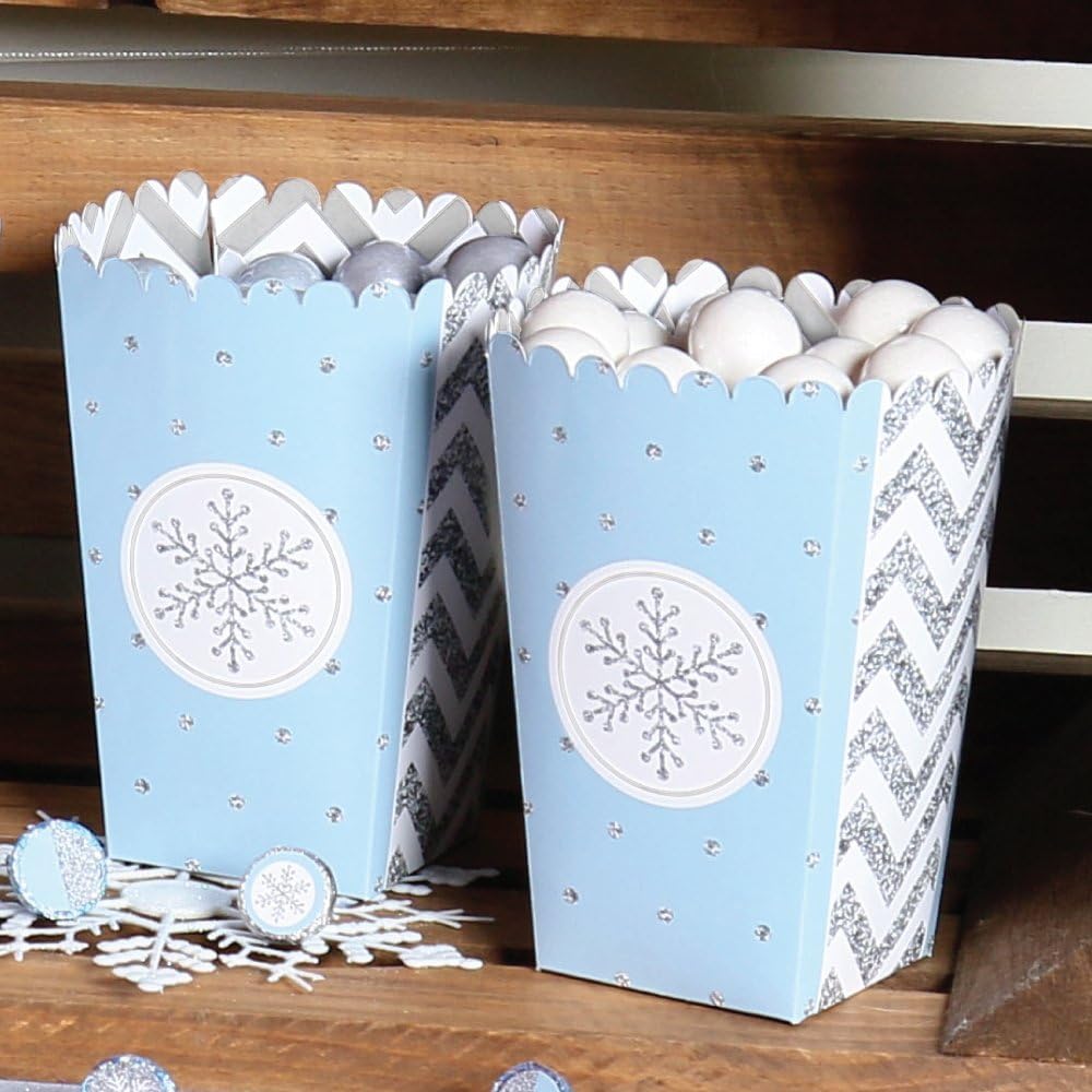Winter Wonderland - Snowflake Holiday Popcorn Boxes - 12 Ct | Treat Box for Snacks, Candy, Small Party Favors, Winter Wedding Party Supplies, Heavy-duty Cardstock, USA-made