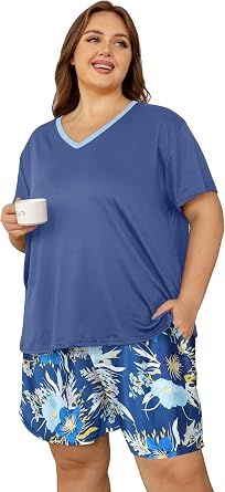 Vozanet Womens Short Sleeve Top and Shorts Pajama Sets Plus Size V Neck Colorful Flower Nighty Loungewear With TWO Pockets