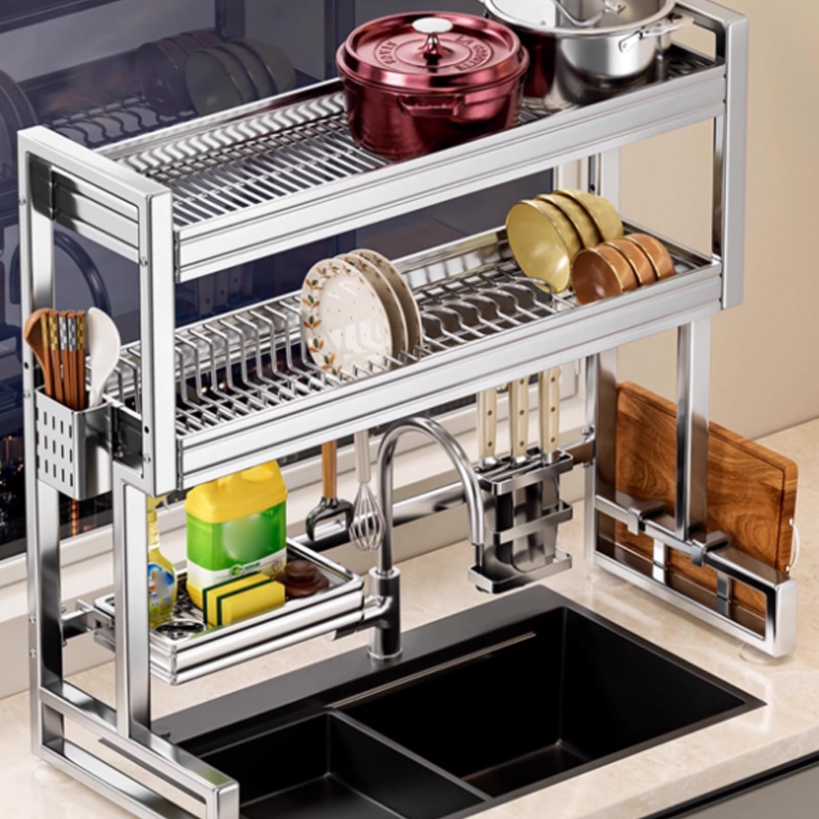 Escurridor de Fregadero de Cocina Multifuncional de Gran Capacidad y Que Ahorra Espacio, de Acero Inoxidable, para Colocar sobre el Fregadero, Ideal para Guardar Cuencos, Cuchillos y Tablas