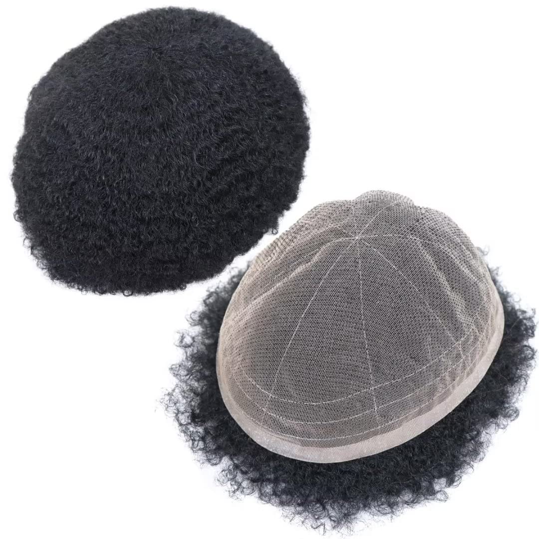 HAPPY&CC Men Unit Real Human Hair Afro Curl Toupee for Black Men French Lace Kinky Curly African American Mens Wigs Hair Replacement System 6mm #1 Jet Black 8x10 Inch