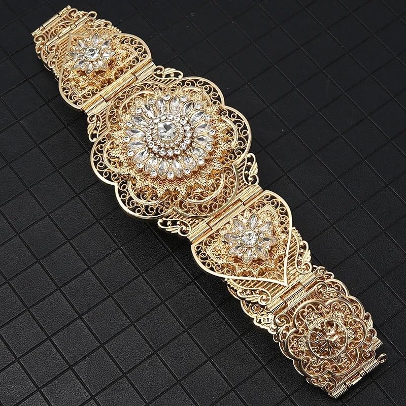 Marokański filigranowy pas kwiatowy dla kobiet, kryształowy łańcuszek z kryształkami, elegancka biżuteria ślubna w stylu kaftan i suknia