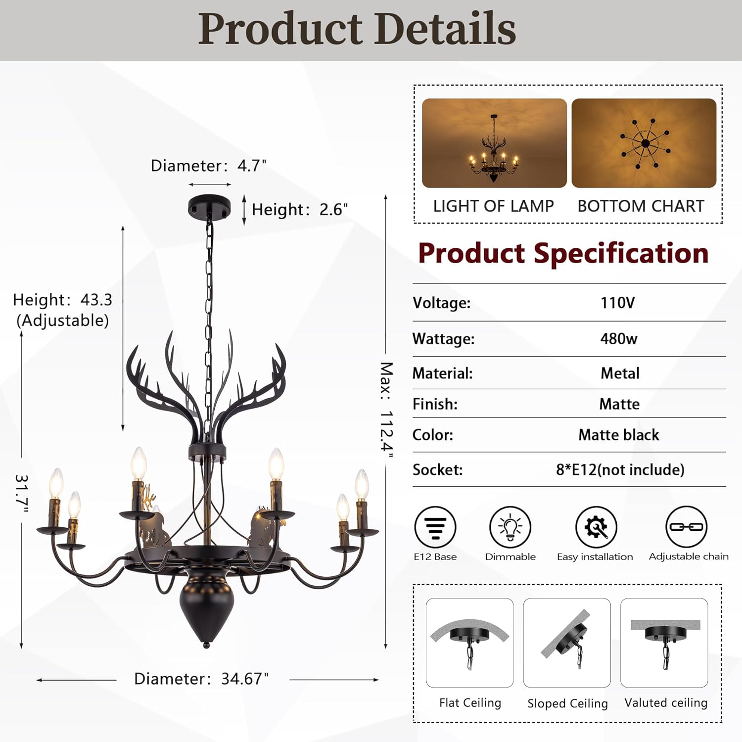 Wellmet Black Rustic Chandelier, Antler Design Farmhouse Chandelier, for Living Room, Foyer, Bedroom, Dining Room, Hallway, 34''W