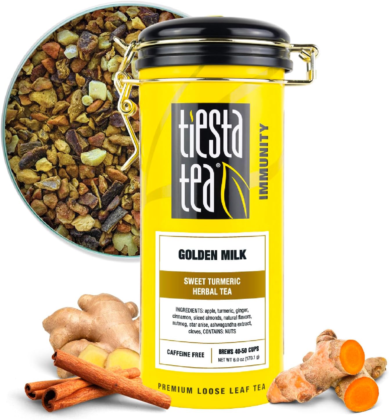 Tiesta Tea - Golden Milk, Loose Leaf, Sweet Turmeric Herbal Brew, Non-Caffeinated Herbal Blend, Makes Hot or Iced Up to 40-50 Cups, 6oz Refillable Tin