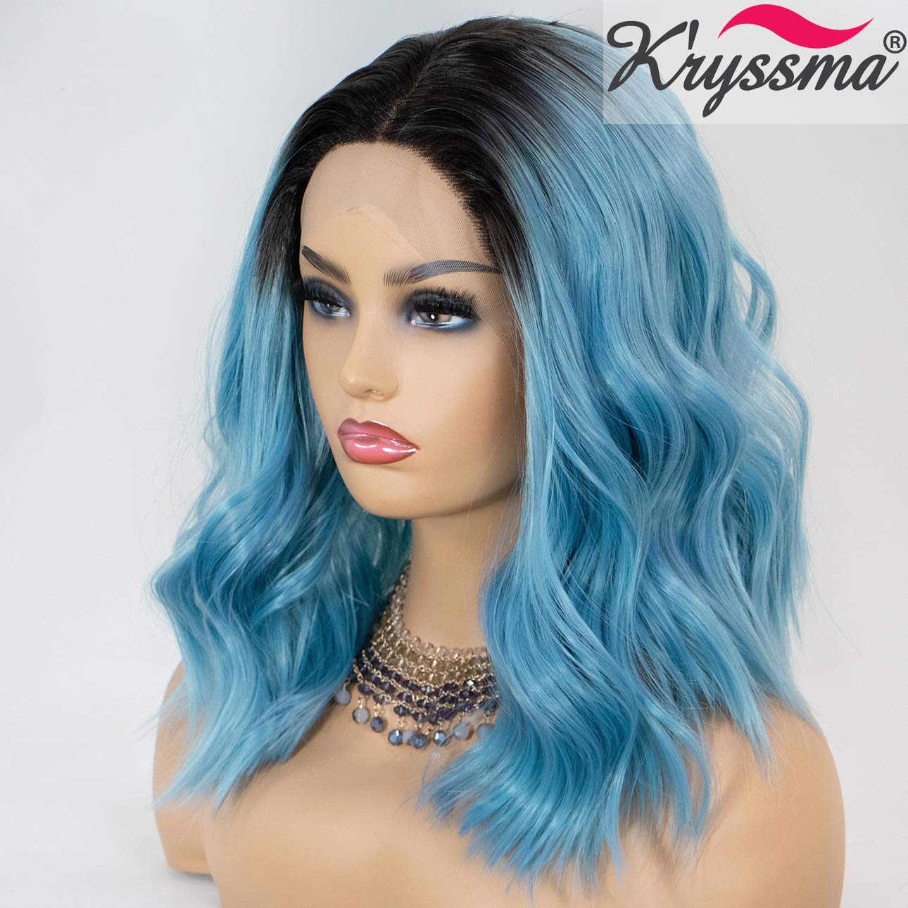 K'ryssma Blue Lace Front Wig Ombre Black Roots Short Bob Wig for Women 2 Tone Black to Blue Wavy Synthetic Lace Wigs