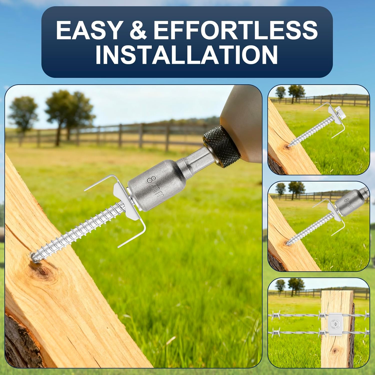 100 Pcs Fence Post Screws with Wire Fixer, Heavy Duty Fence Staples for Wire Fencing, with Hex Adapter, Stainless Steel, for Building or Repairing Wire Fences, Garden Trellises