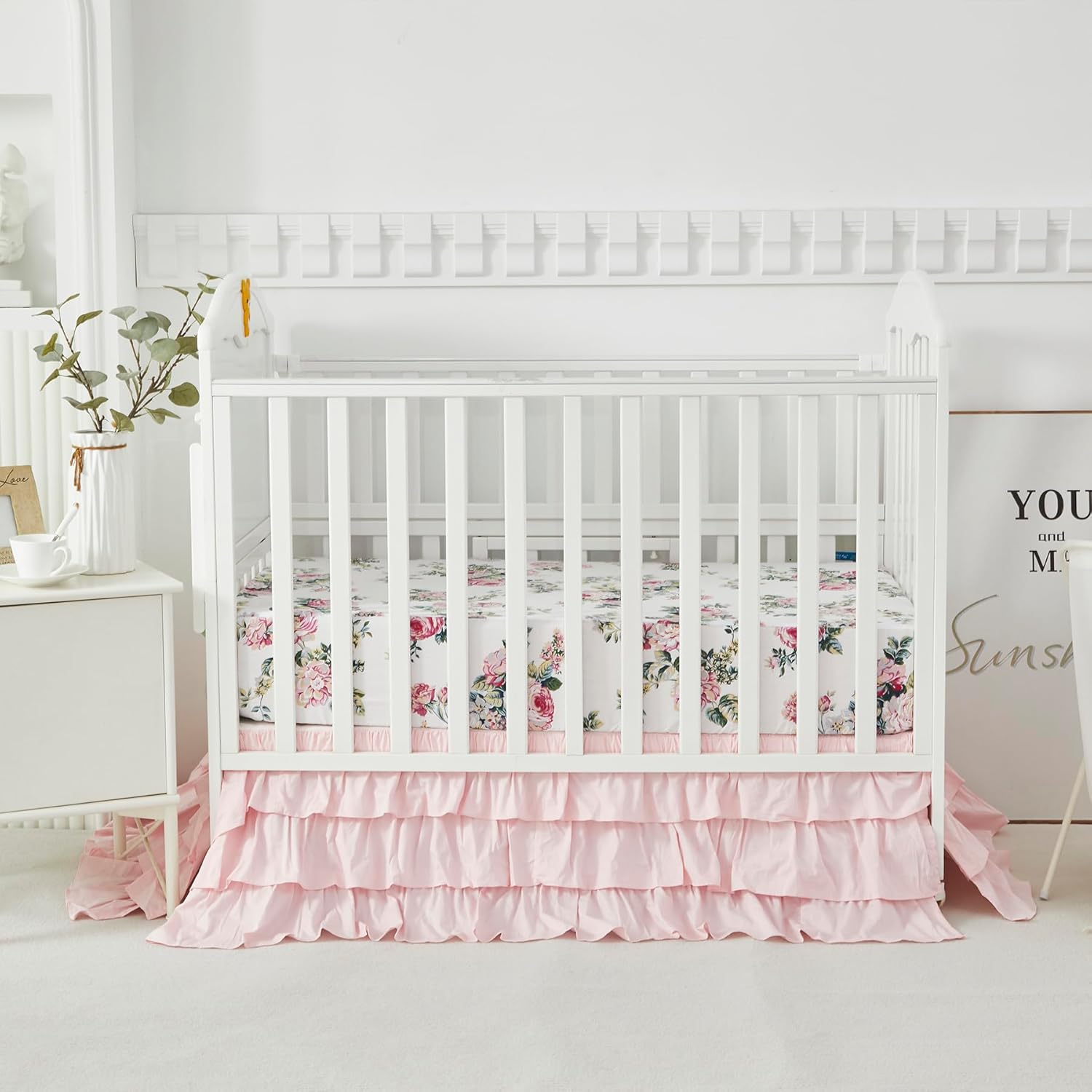 Brandream 4-Piece Crib Bed Skirt & Crib Bedding Set 100% Cotton Scallop Edge Crib Skirt 3 Pieces Floral Botanical Rose Flower Crib Bedding Set