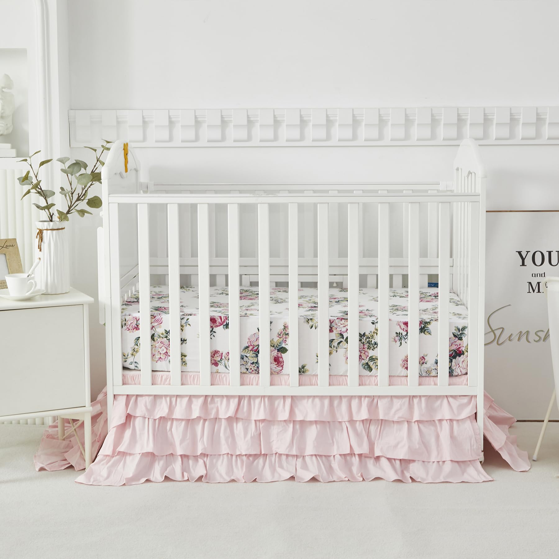 Brandream Juego de ropa de cama 100% algodón para cuna de bebé y niña, 6 piezas, diseño floral botánico de rosa, manta de edredón de lujo, sábana de cuna, falda de cuna rosa de 3 niveles, cenefa de