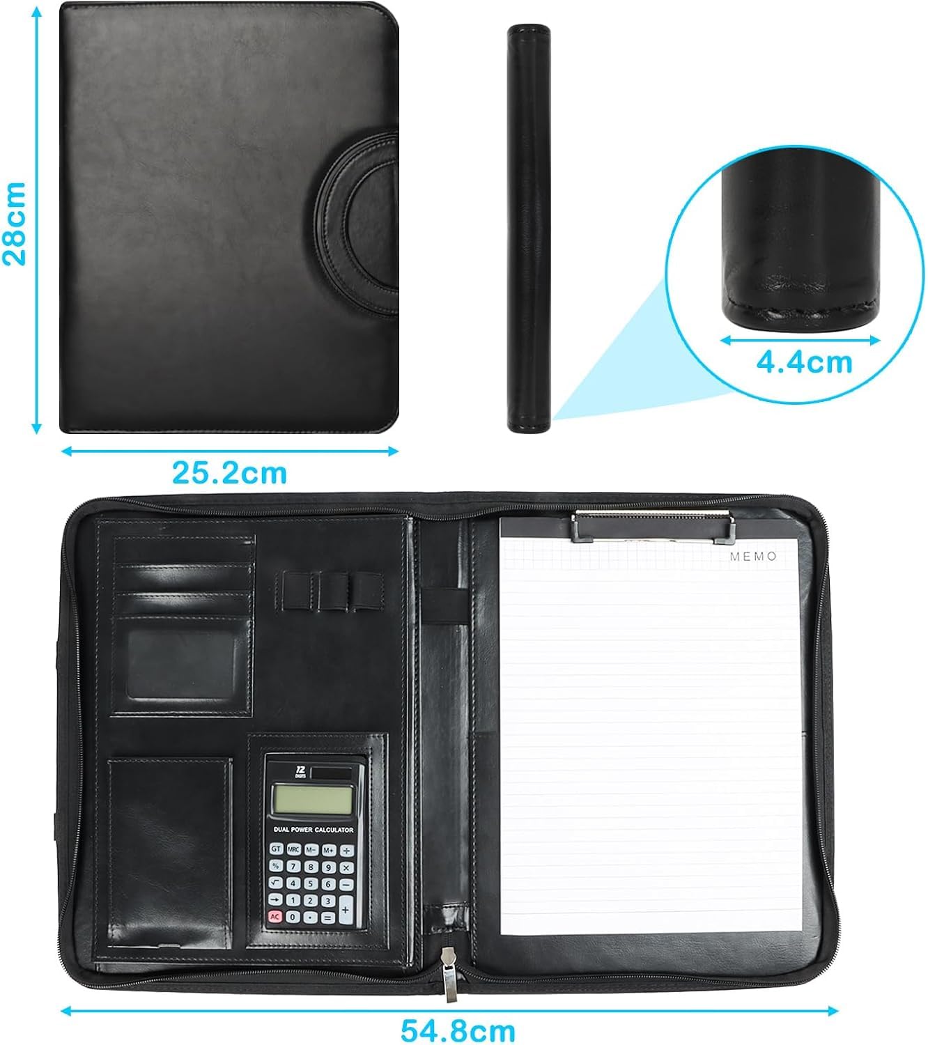 Cartella Portadocumenti A4 in Pelle con Calcolatrice e Cerniera, Portablocchi Organizer – Nero