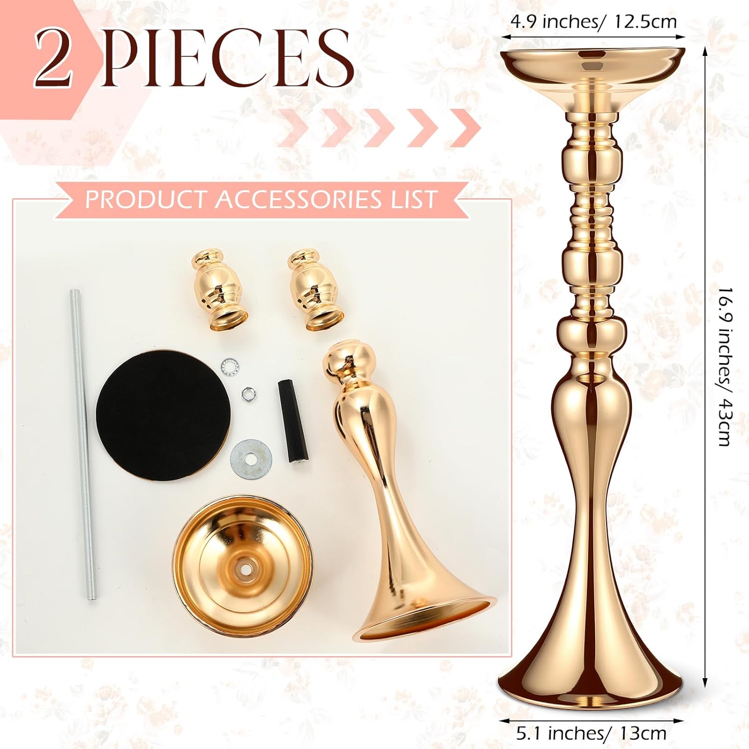 Sadnyy 2 Pcs Metal Flower Arrangements Stand Metal Wedding Centerpiece Stand Gold Vase Centerpiece Tall Table Decor Flower Vase for Wedding Reception Event Party Hotel Home Decor (16.9 Inch)