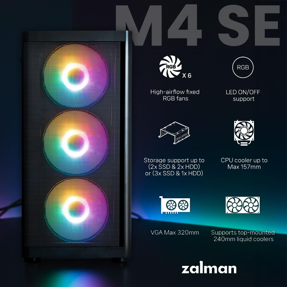 Zalman M4 SE Micro ATX Case, MATX Gaming PC Case with 6 x 120mm FRGB Fans Pre-Installed, High Airflow, Full Tempered Glass Side Panel, Compact Mini Tower Gaming Computer Chassis with USB 3.0 - Black