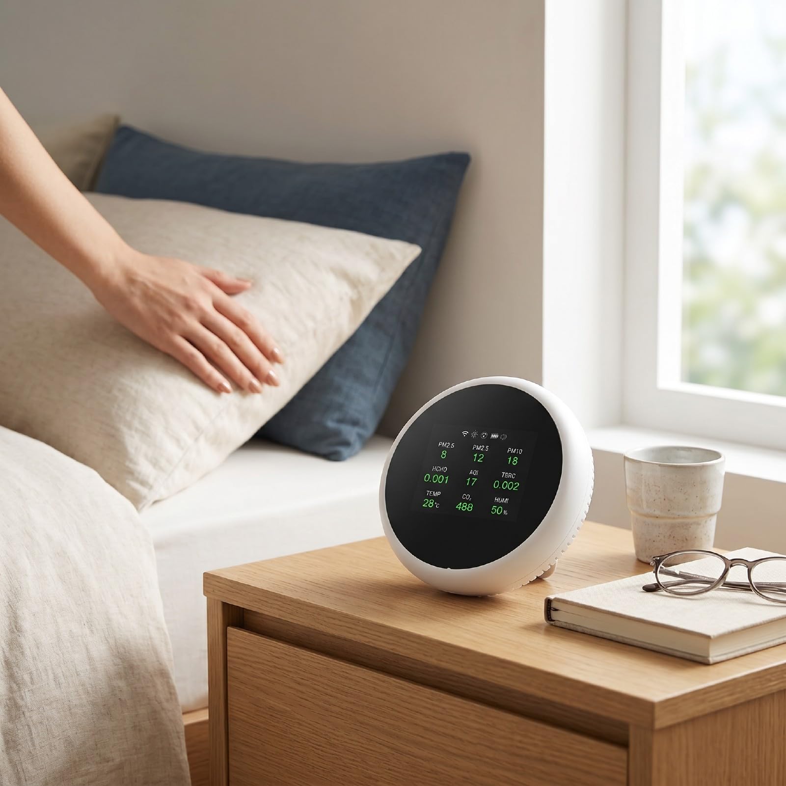 Zunate Moniteur Intelligent de qualité de l'air Intérieur CO2 PM2,5 PM10 TVOC HCHO avec Affichage de la Température et de l'humidité, Testeur de qualité de 'air Rond Blanc pour le Bureau à Domicile