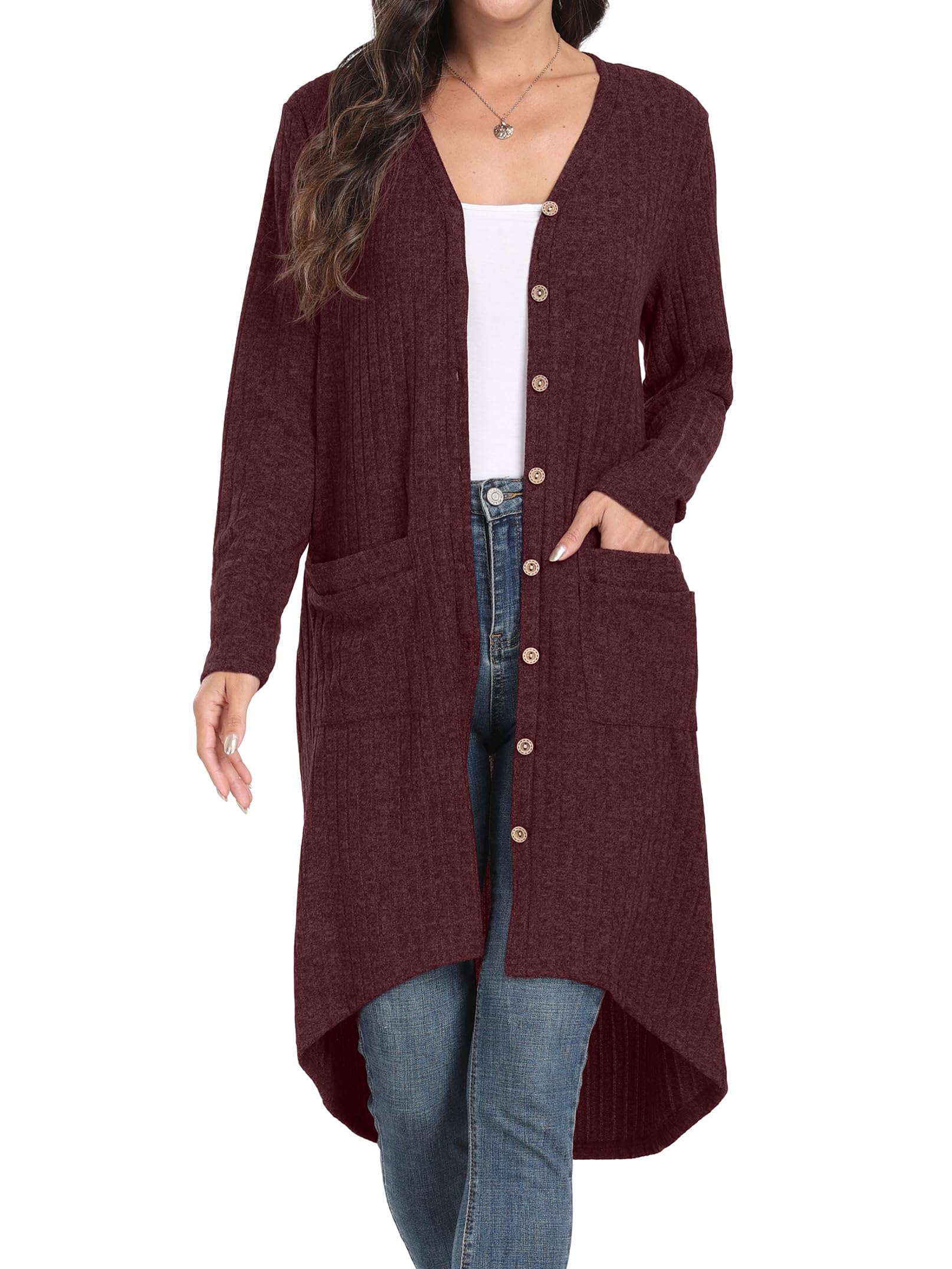 GRECERELLE Cardigan Femme Long Cardigan Élégant Fin Côté Manches Longues avec Boutons et Poches