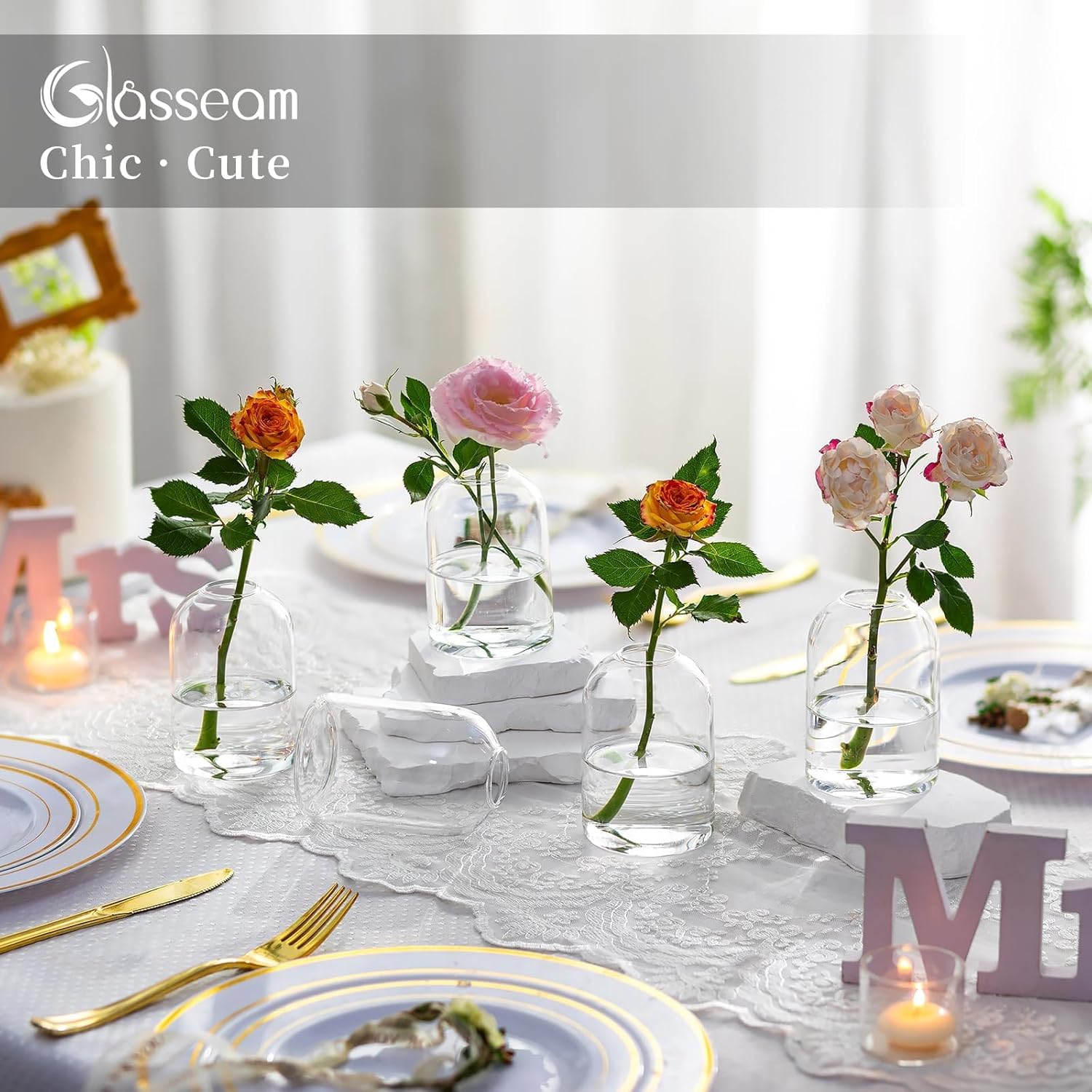 Glasseam Glass Bud Vases for Centerpieces: Clear Small Flower Vase Decor Bulk Set of 12 Simple Modern Decorative Vases for Flowers Mini Candle Vase Wedding Centerpiece for Dining Table Decorations - Image 5