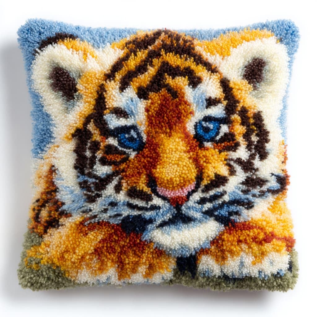 Taxpy DIY Latch Hook Pillow Cover Kits, Animal Tiger Stamped Handamade Pillowcase Crochet Yarn Hook and Latch Emboridery Throw Pillow 43x43cm