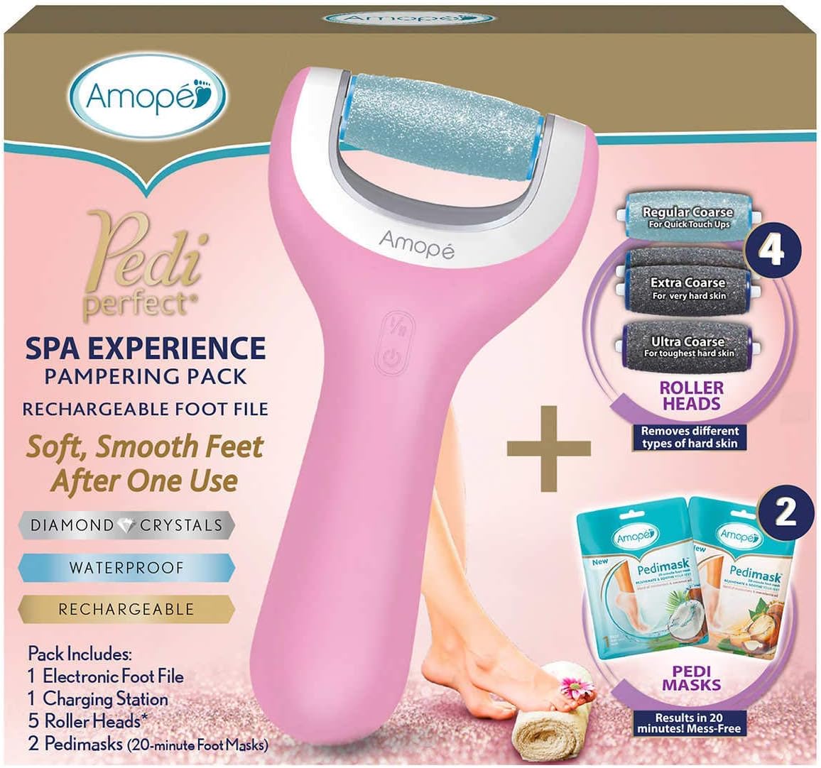 Amopé Pedi Perfect Spa Experience Pampering Pack, Wet & Dry Electronic Foot File, Waterproof, Rechargeable, Cordless, Dual Speed Includes 5 Rollers & 2 Pedimask