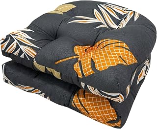 Grey Orange Patio Chair Cushions for Indoor Outdoor Furniture | Set of 2 Floral Tufted Seat Cushion Pad with Ties Patio Cushions Indoor Outdoor Dining Chair Pads 19X19in