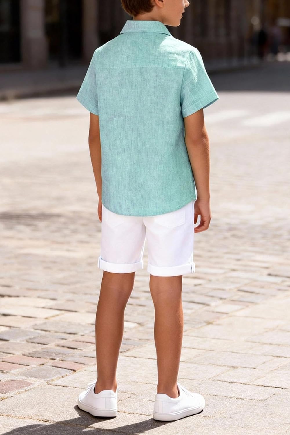 Boys Button Down Chambray Shirts Casual Short Sleeve Cotton Linen Shirt with Pockets for Kids 5-14 Years