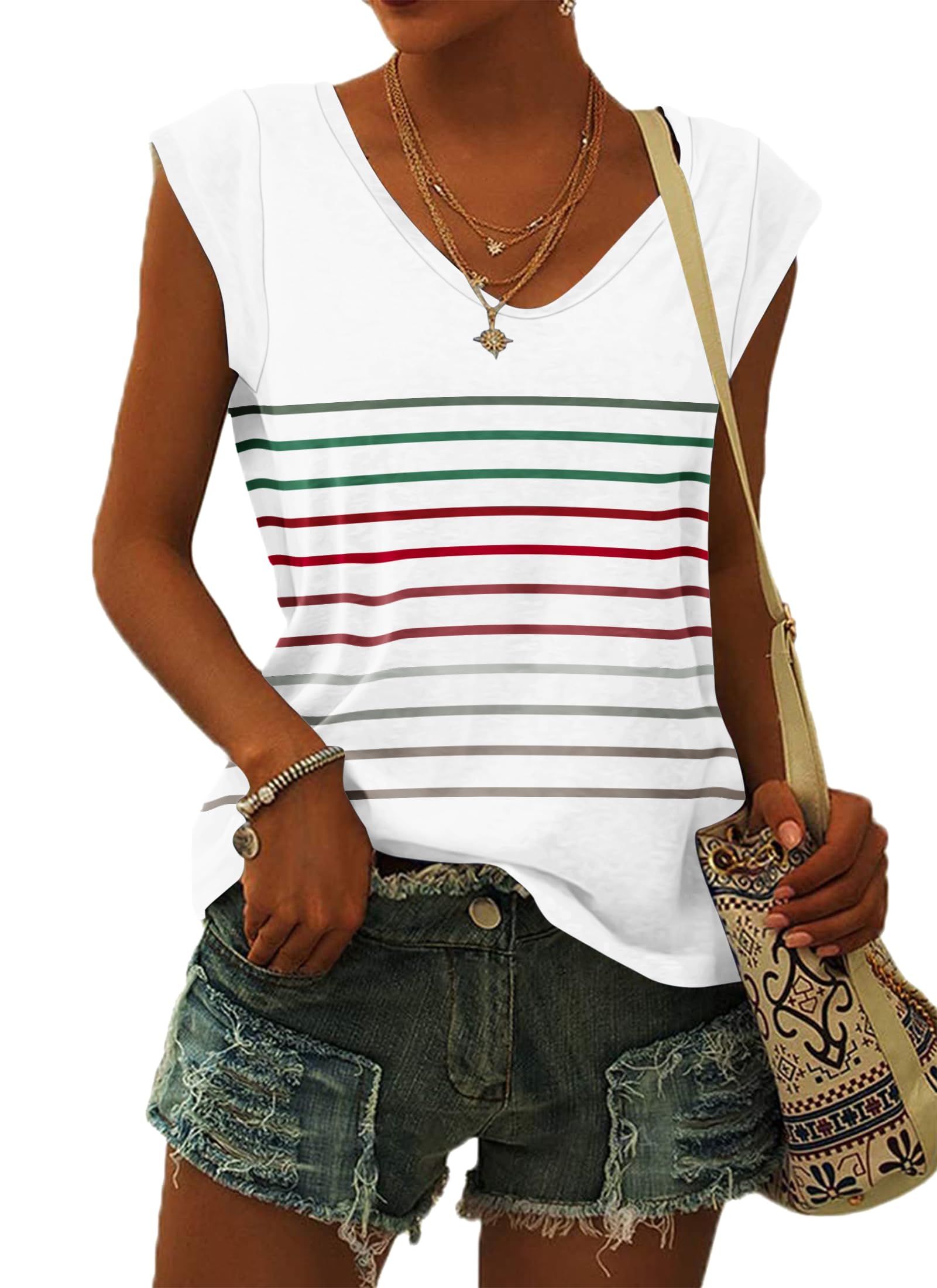 WNEEDU Women's Summer V-Neck Tank Top, Loose Blouse, Lightweight and Airy with Cap Sleeves