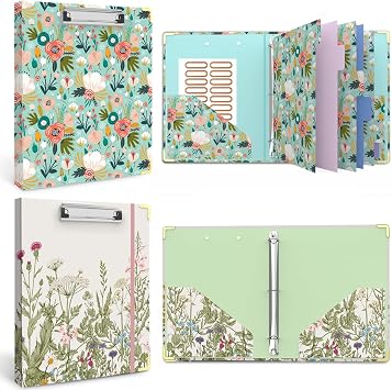 3 Ring Binder 1 Inch, Cute Round Ring Binders with 6 Tab Dividers, Labels Stickers, Low Profile Clipboard with StorageGreen Floral, and 1 Binder, Cute Decorative HardcoverGarden Flower