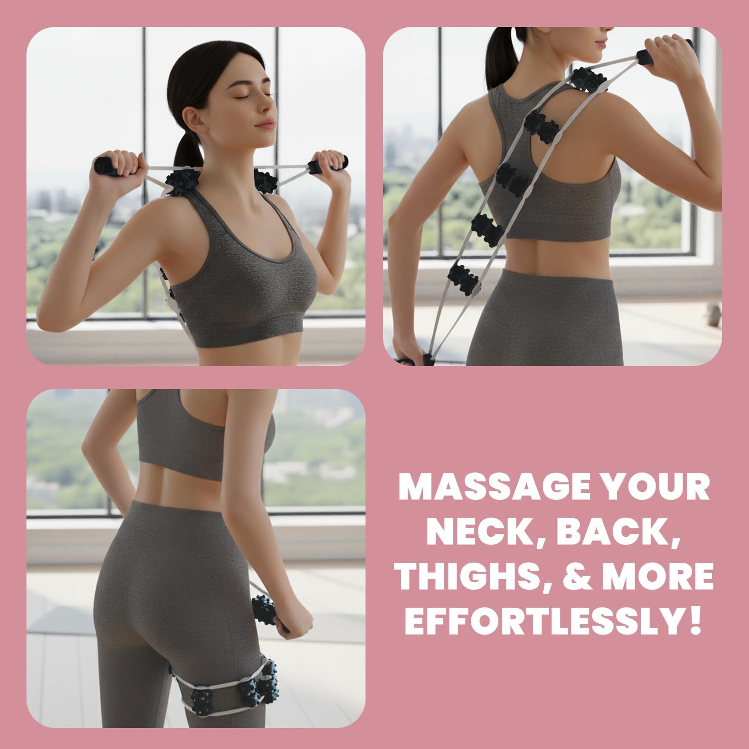 Back Massager Roller with Handle, 6 Massage Nodes, Muscle Relief Tool, Black and Silver