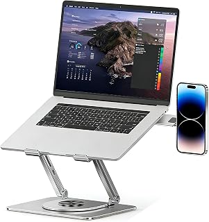 Laptop Stand for Desk, 360° Rotating Adjustable Laptop Holder with Magnetic Phone Holder – Sturdy Metal Tablet Stand, Ventilated Laptop accessories for Office & Home