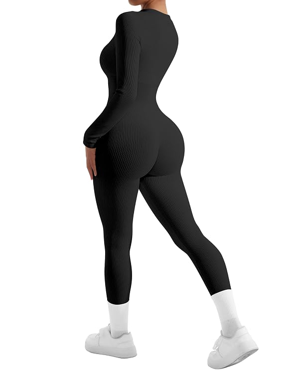 SUUKSESS Women Long Sleeve Ribbed Jumpsuit Sexy Zip up Front Workout One Piece Bodycon Jumpsuit Romper (Black, XL) by SUUKSESS - Image 6