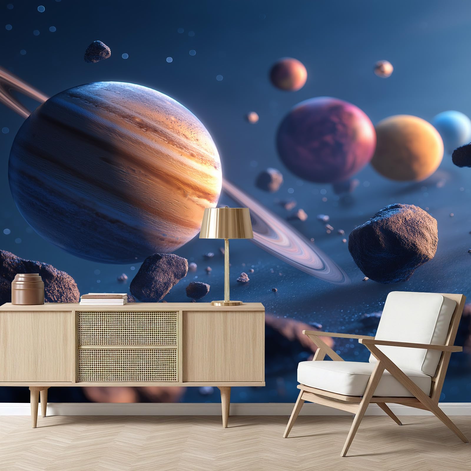 Tapisserie murale salon effet 3d univers et planète en intissé premium