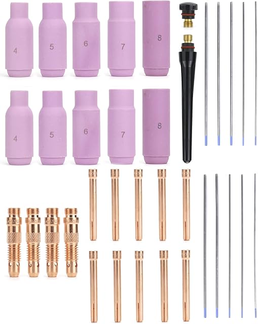 QWORK TIG Welding Torch Accessories Kit, 36 Pcs TIG Welding Torch Supplies Welding Collet Back Cap Alumina Nozzle Tungsten Electrode for WP-17/18/26