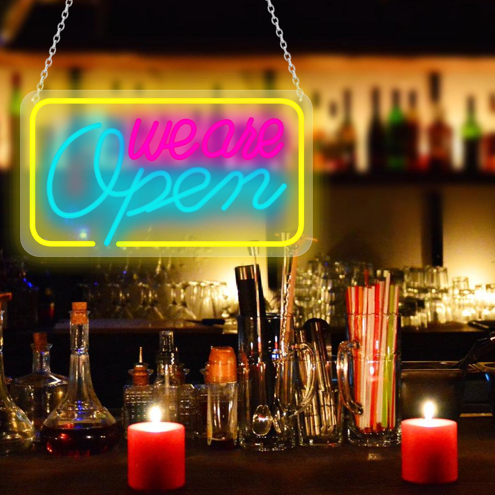 Insegna Al Neon LED "WE ARE OPEN" 42x23 Cm - Colori Giallo, Rosa, Blu Per Bar, Negozi, Caffè