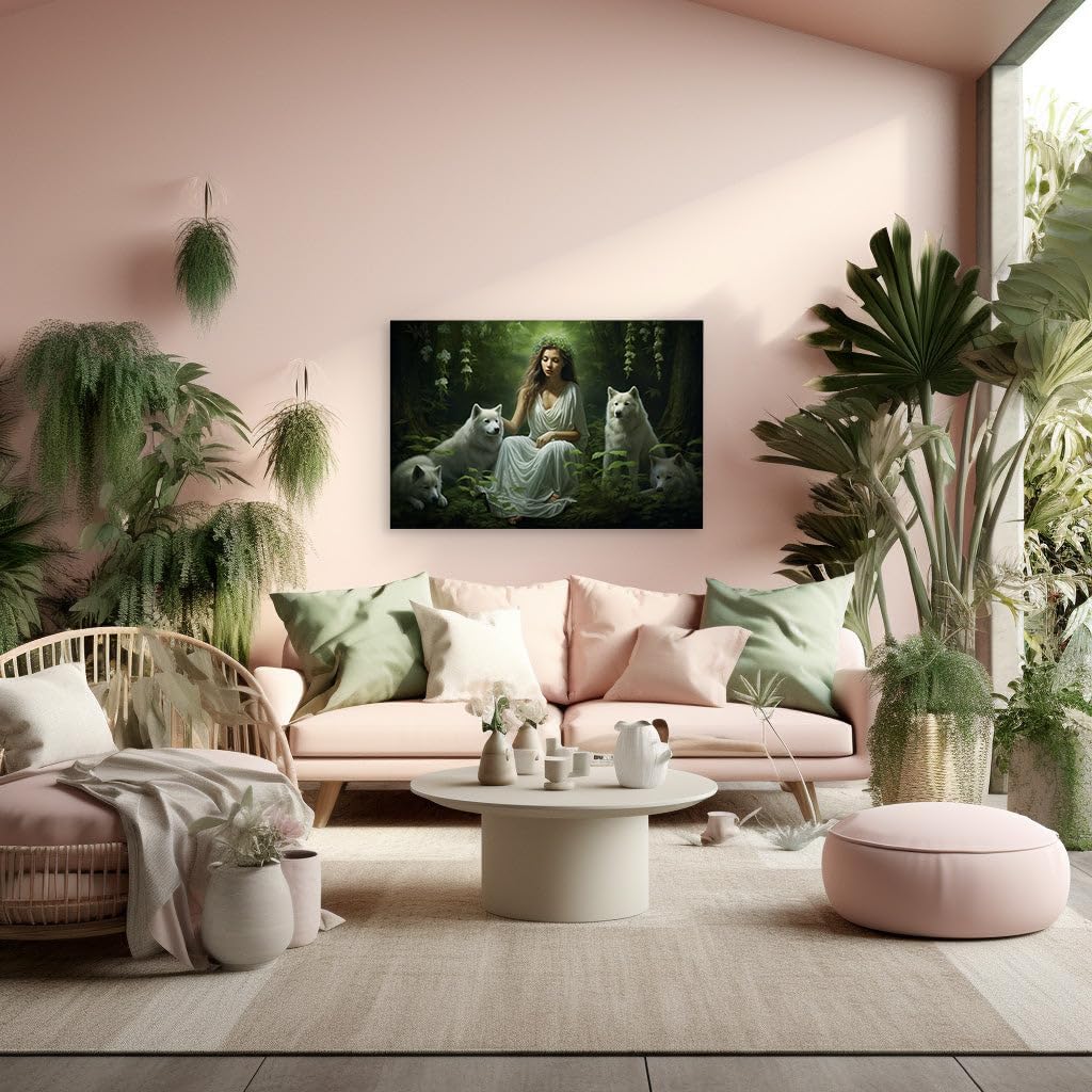 Canvas for Living room. Enchanted Queen of the White Wolves in the Heart of the Forest, 27 x 18 inch Canvas Wall Art - Ready to Hang - 69x46 cm (27x18 inch)