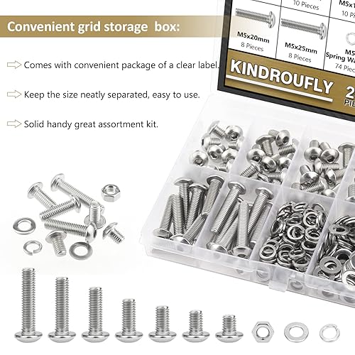 Miniatura 6 de Kindroufly Juego de 242 piezas M5 x 68101216200.984 in, tornillos de cabeza de botón, tuercas y arandelas surtidas, acero inoxidable 304, rosca