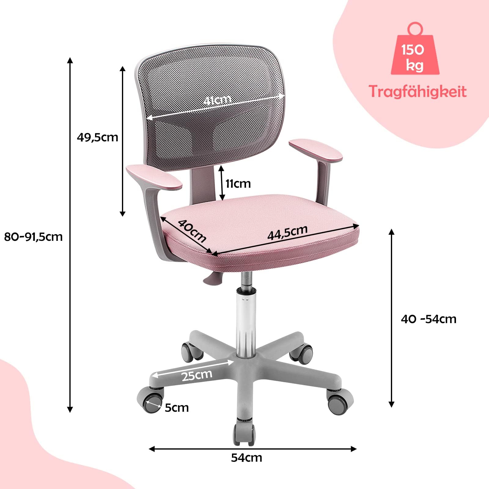 COSTWAY 360° Drehbarer Kinderschreibtischstuhl, Höhenverstellbar 80-91,5 cm, mit Rückenlehne & Armlehnen, 5 Rollen, für Kinder 3-10 Jahre (Rosa)