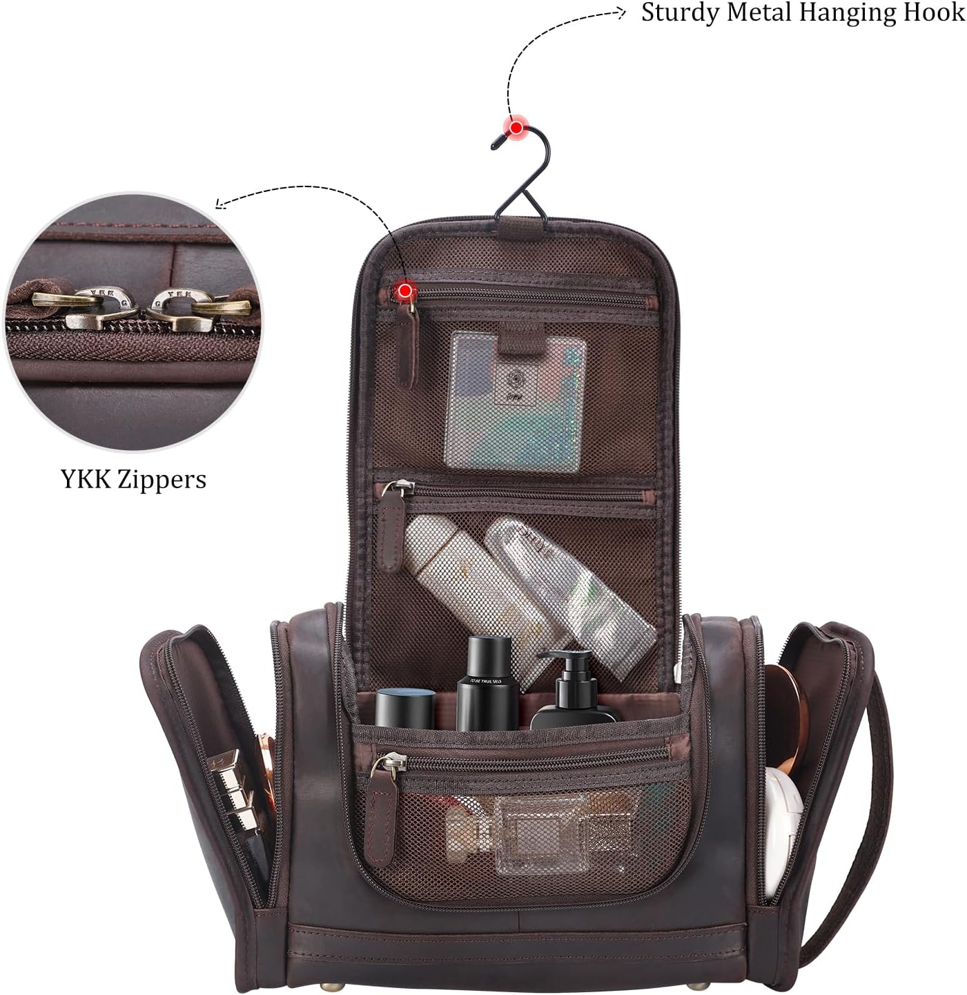 Polare Full Grain Leather Toiletry Bag Travel Dopp Kit Makeup Cosmetic Organizer Shaving Kit Wash Case with Hanging Hook