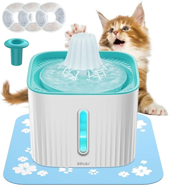 Zellar Cat Water Fountain for Drinking, 25dB Silent Pet Waterfall Fountain, 3 Flowing Modes, Water Level Window with LED Light, Easy to Clean and Assemble, Including 3 Filters and 1 Mat (2.5 Litre)