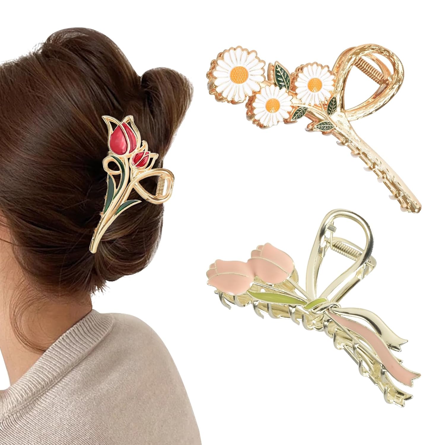 3-Piece Flower Metal Hair Clips, Tulip Daisy Floral Hair Barrettes image 2