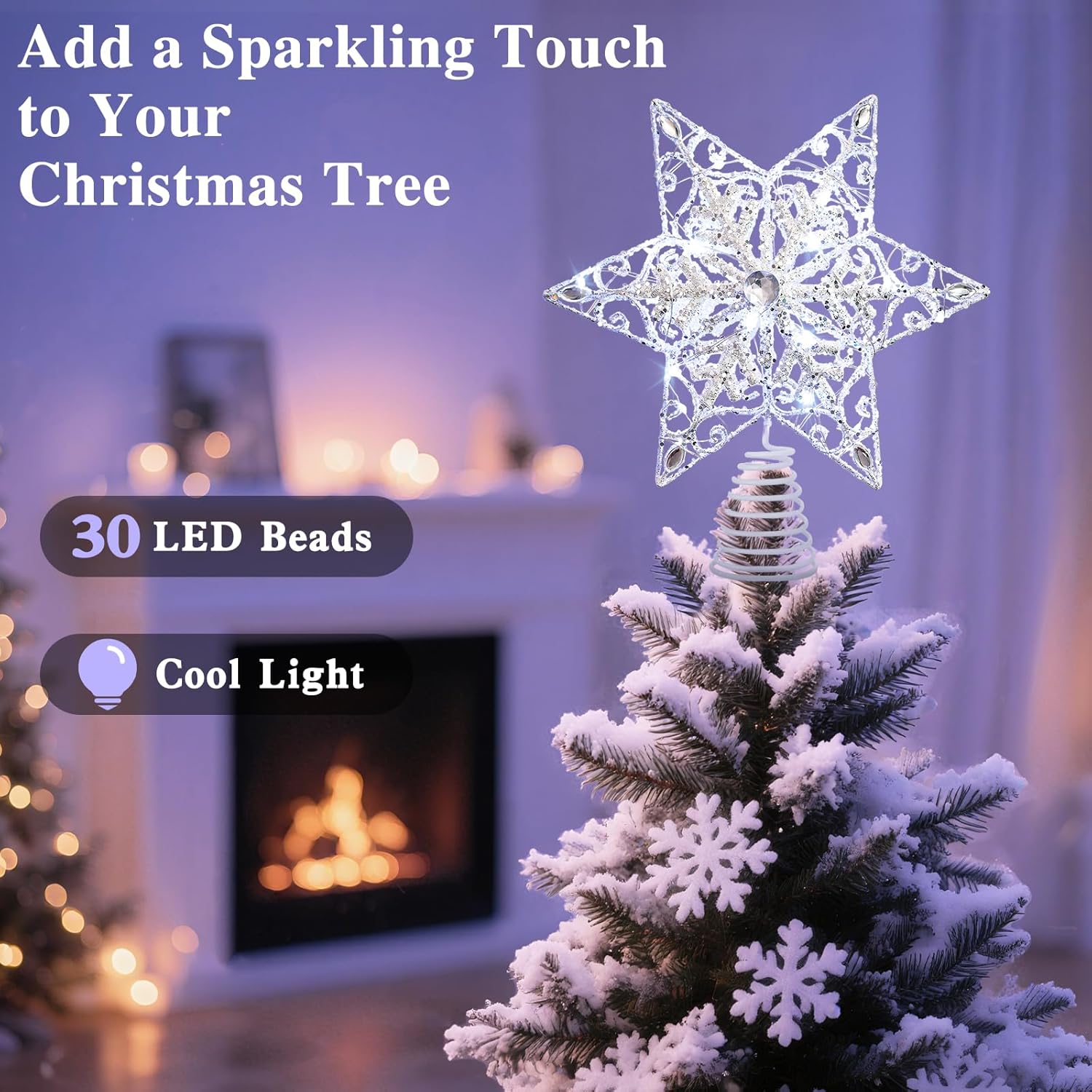 Lewondr Christmas Tree Topper, 3D Glitter Star Tree Topper with 30 LEDs & Remote Control, 8 Lighting Modes, Auto Timer, USB Powered, Christmas Tree Decoration for Home Party, White