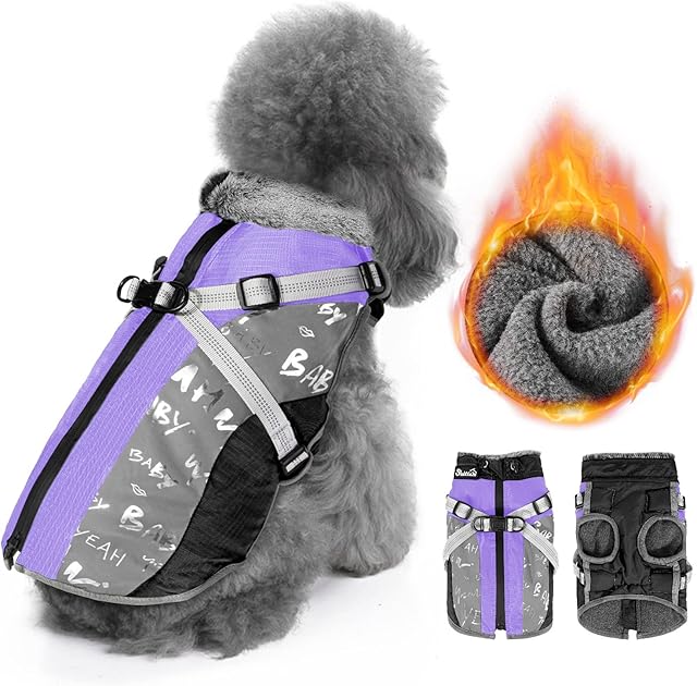 SlowTon Winter Dog Coat with Detachable Harness, Waterproof Fleece lining Warm Dog Clothes for Small Medium Large Dogs, Reflective Adjustable furry Jacket Outdoor Walking Puppy Vest Apparel