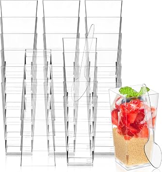 Kucoele 100 Pack 3oz Mini Dessert Cups with Spoons, Square Tall Shooter Cups Clear Plastic Party Serving Cups for Parfait, Appetizer, Pudding, Yogurt and Ice Cream