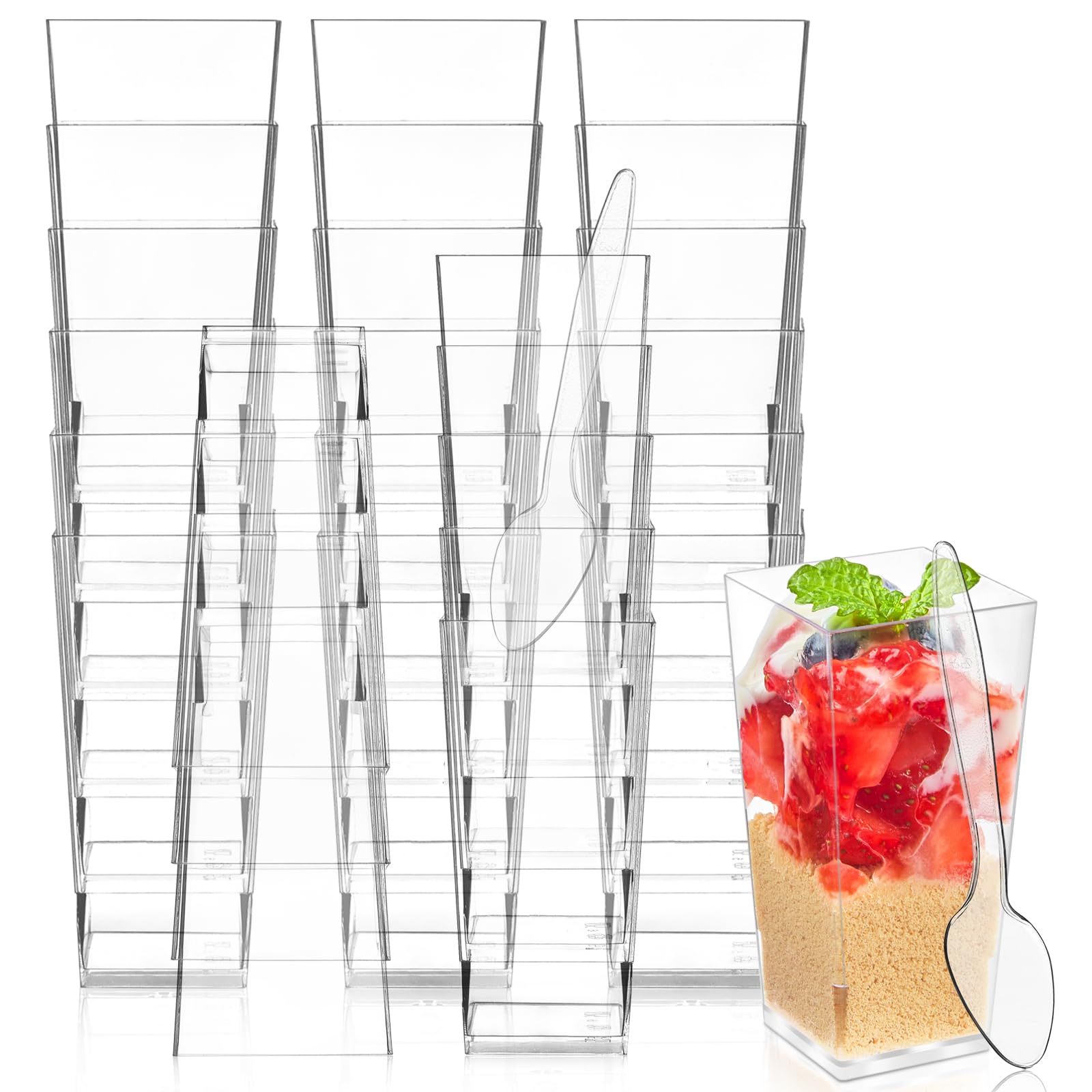 Photo 1 of Kucoele 100 Pack 3oz Mini Dessert Cups with Spoons, Square Tall Shooter Cups Clear Plastic Party Serving Cups for Parfait, Appetizer, Pudding, Yogurt and Ice Cream