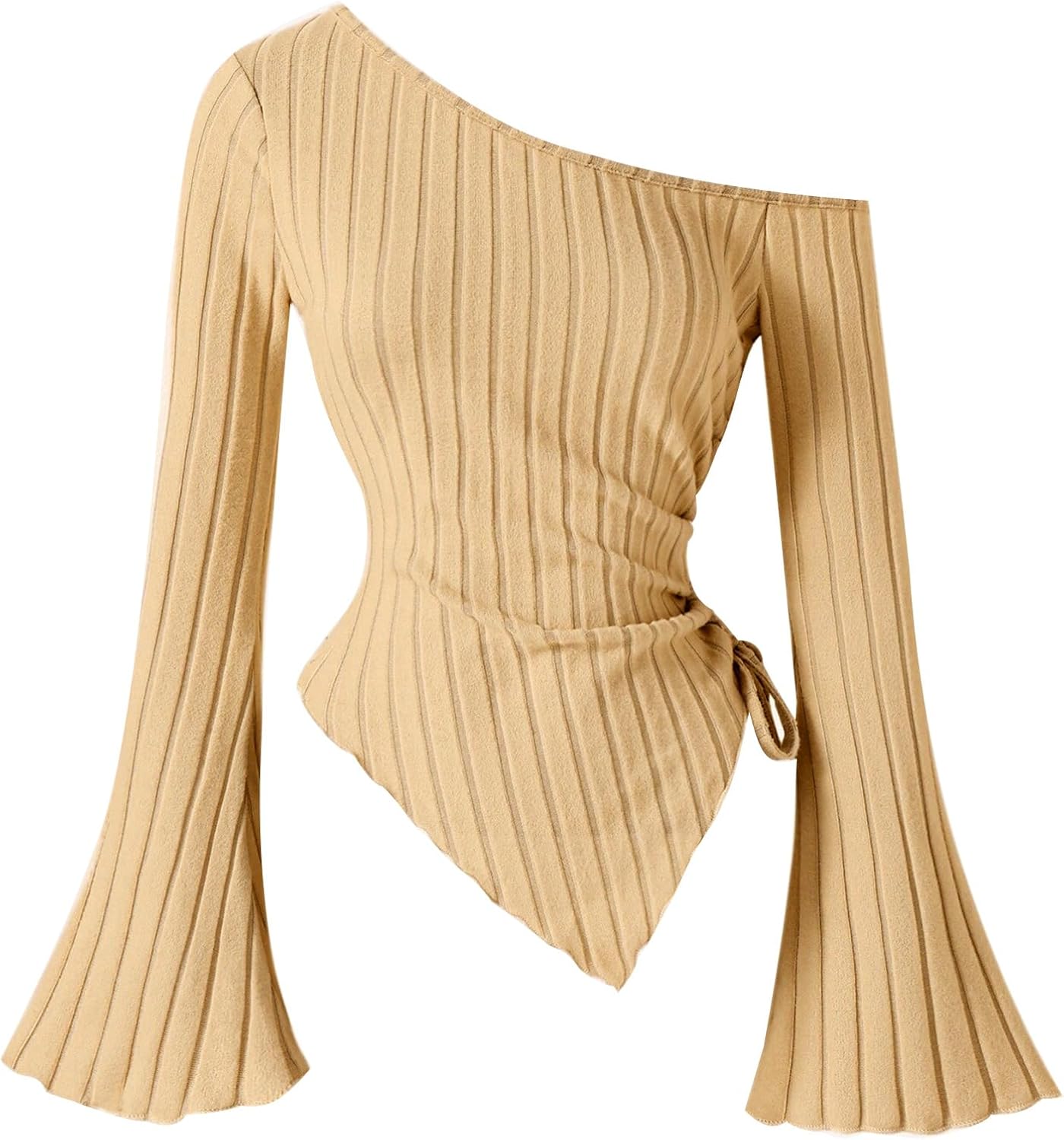 Dxyufazhe Women's Sexy One Shoulder Ribbed Knit Long Bell Sleeves Tops Casual Going Out Shirts Slim Fit Tee Blouse - Image 2