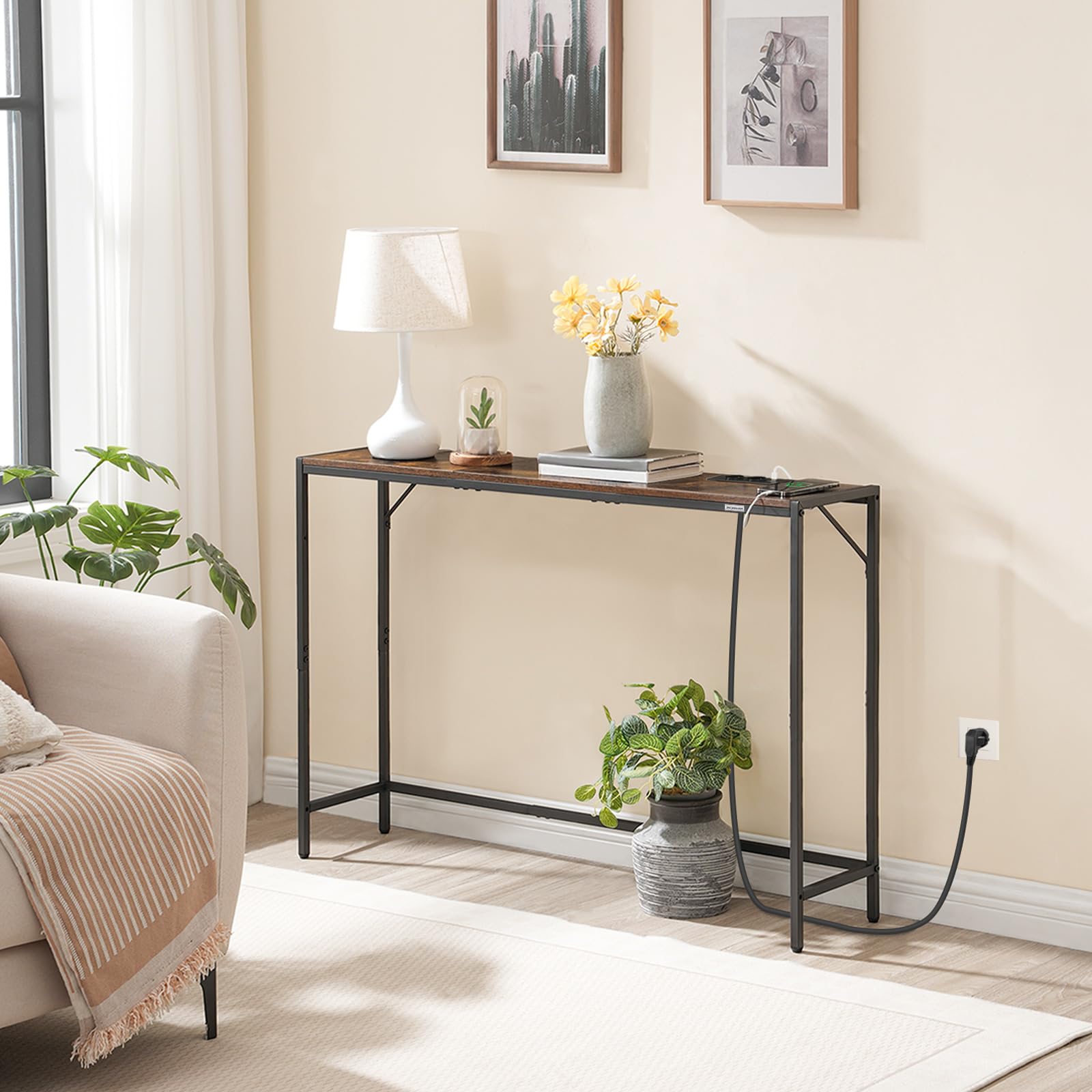 MAHANCRIS Mesa de Entrada y Sofá Estrecha, Consola Con Estructura Metálica, Estilo Minimalista para Salón, Pasillo, Entrada, Vestíbulo, Marrón ACTHR112UE01