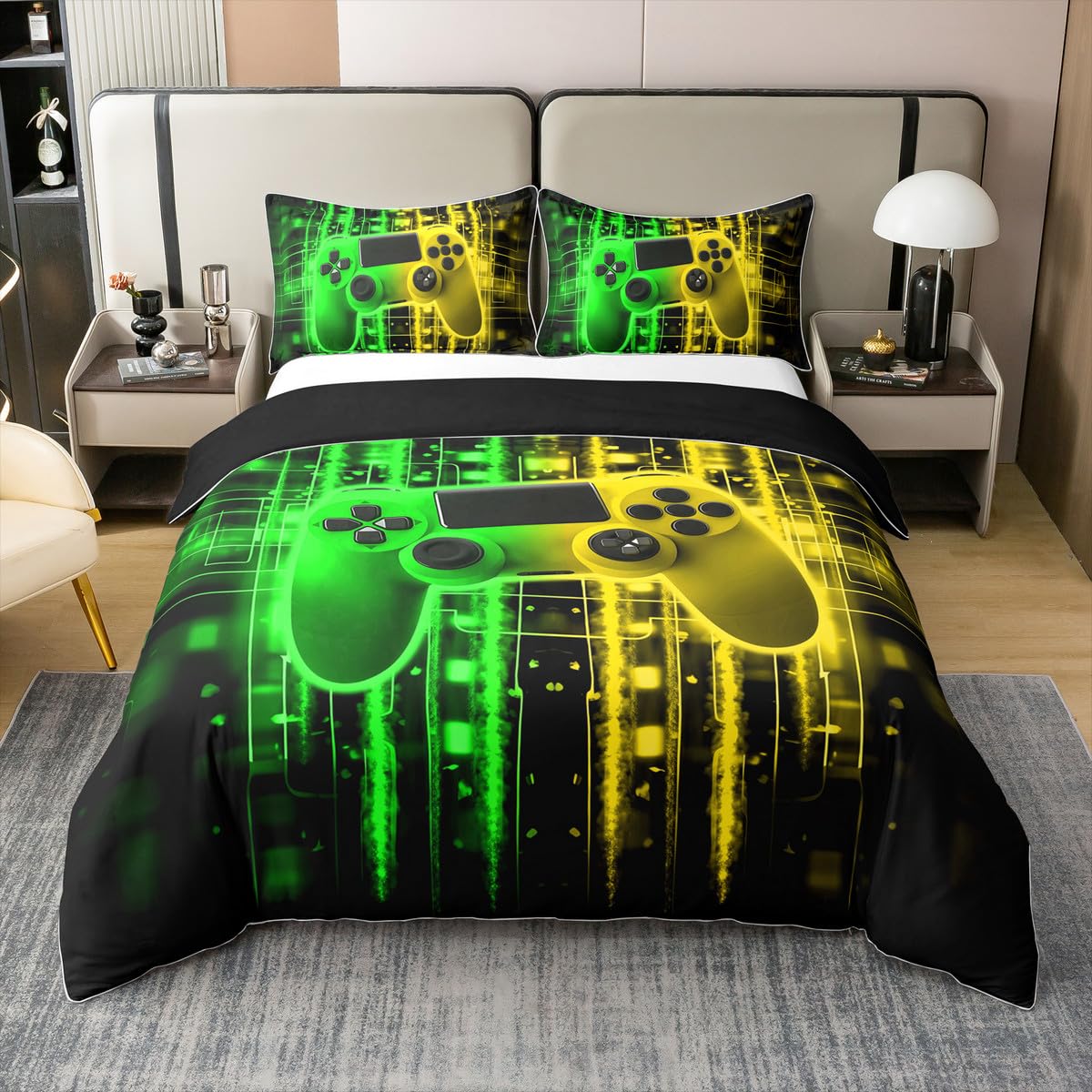 Homewish Funda de edredón para habitación de niños, funda de edredón de gamer, tamaño individual para niños y adolescentes, juego de cama para niños pequeños, decoración de sala de juegos, amarillo y