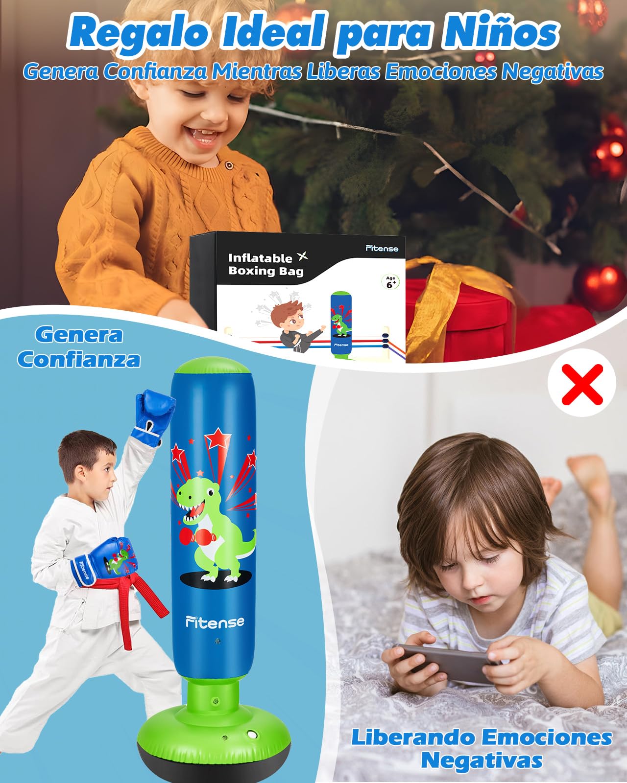 Fitense Saco de Boxeo Niños, 120cm Boxeo Saco Inflable con Guantes de Boxeo y Bomba, Punching Ball Estable para 3 a 8 Años, Set Saco de Boxeo de Pie Dinosaurio para Práctica de Karate, Taekwondo, MMA